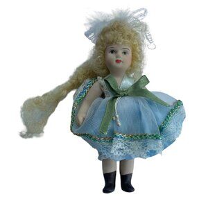 Vtg Victorian Porcelain 5" Long Hair Blonde Doll Jointed